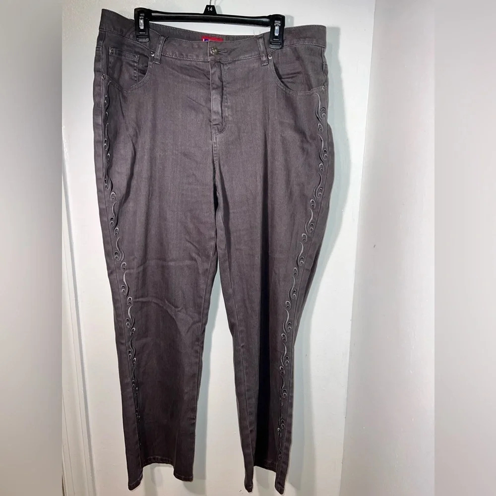 Westport woman 16W, straight leg, stretch embroidered 5pocket grey denim- Flaw